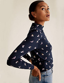 M&S Cotton Bird Print Funnel Neck Fitted Top