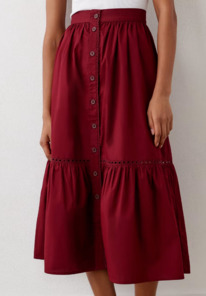 marksandspencer Pure Cotton Button Front Midi Tiered Skirt Burgundy