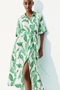 �� Tie-belt shirt dress White/Green patterned